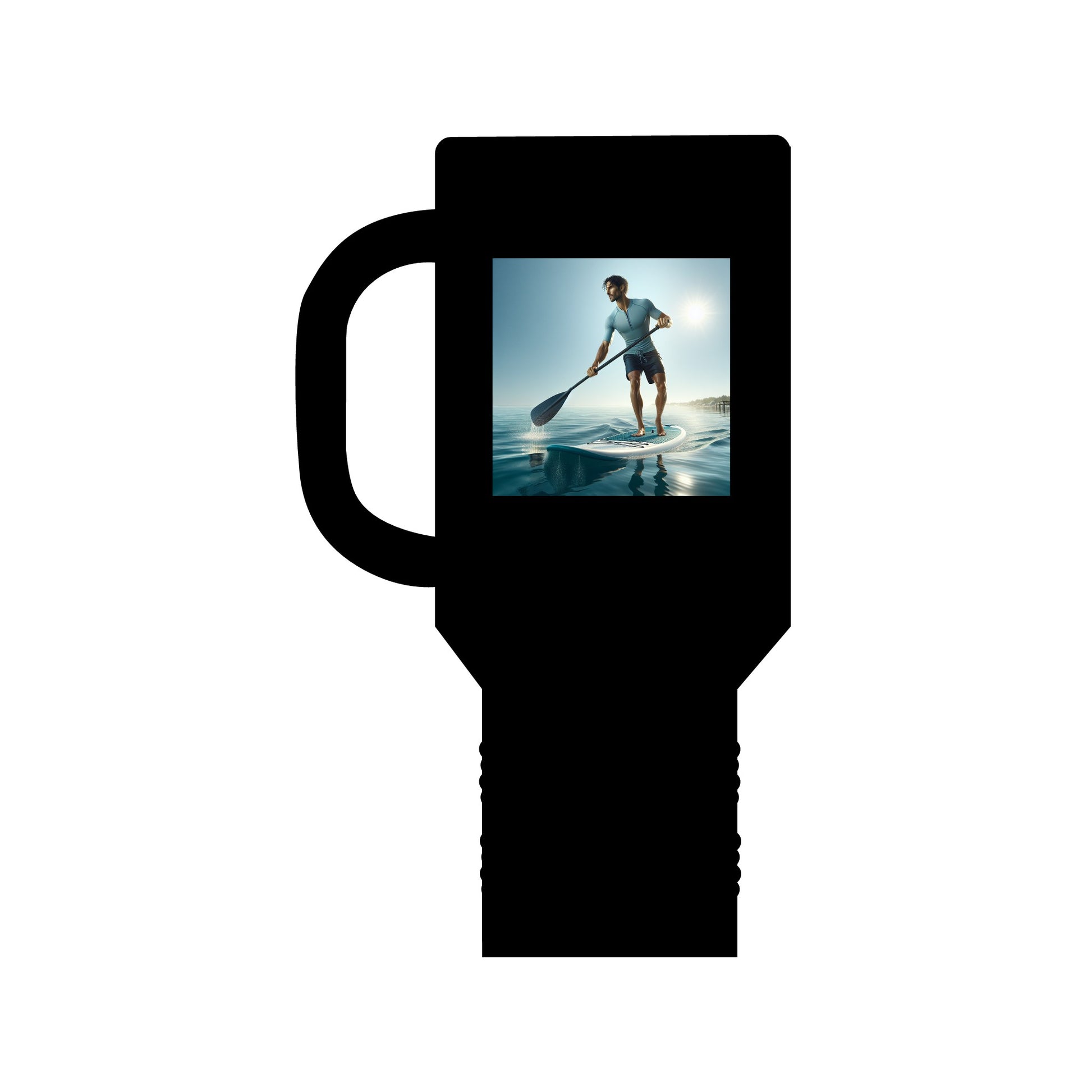 Fantasy Paddleboarding 40oz Insulated Stainless Steel Travel Mug in classic black, showcasing a vivid paddleboarder image, blending sophistication with adventure.