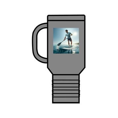 Fantasy Paddleboarding 40oz Insulated Stainless Steel Travel Mug in a sleek grey finish, showcasing a captivating paddleboarding scene for the adventurous spirit.