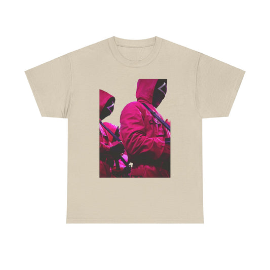 Squid Game Unisex Men's Women's Graphic Cotton Funny T-Shirt Tee with an eye-catching print of characters in iconic pink uniforms, perfect for those who appreciate psychological thrillers and unique fashion statements.