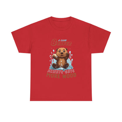 A luxurious red unisex graphic cotton tee featuring a cartoon beaver playfully splashing water, adorned with the text ‘A CLEAN BEAVER’ and the humorous slogan ‘ALWAYS GETS MORE WOOD’—a perfect attire for nature enthusiasts.