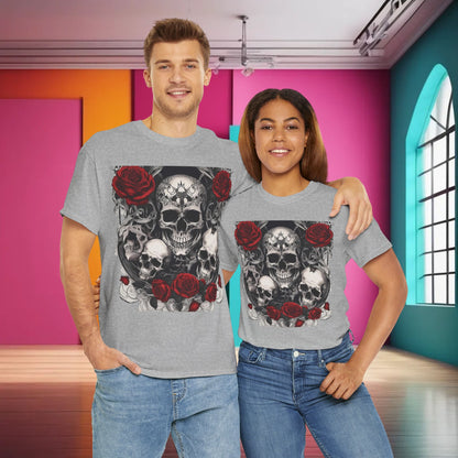 Couple wearing the Skulls and Roses Cotton Tee, exemplifying a stylish and edgy fashion choice that complements their individuality.