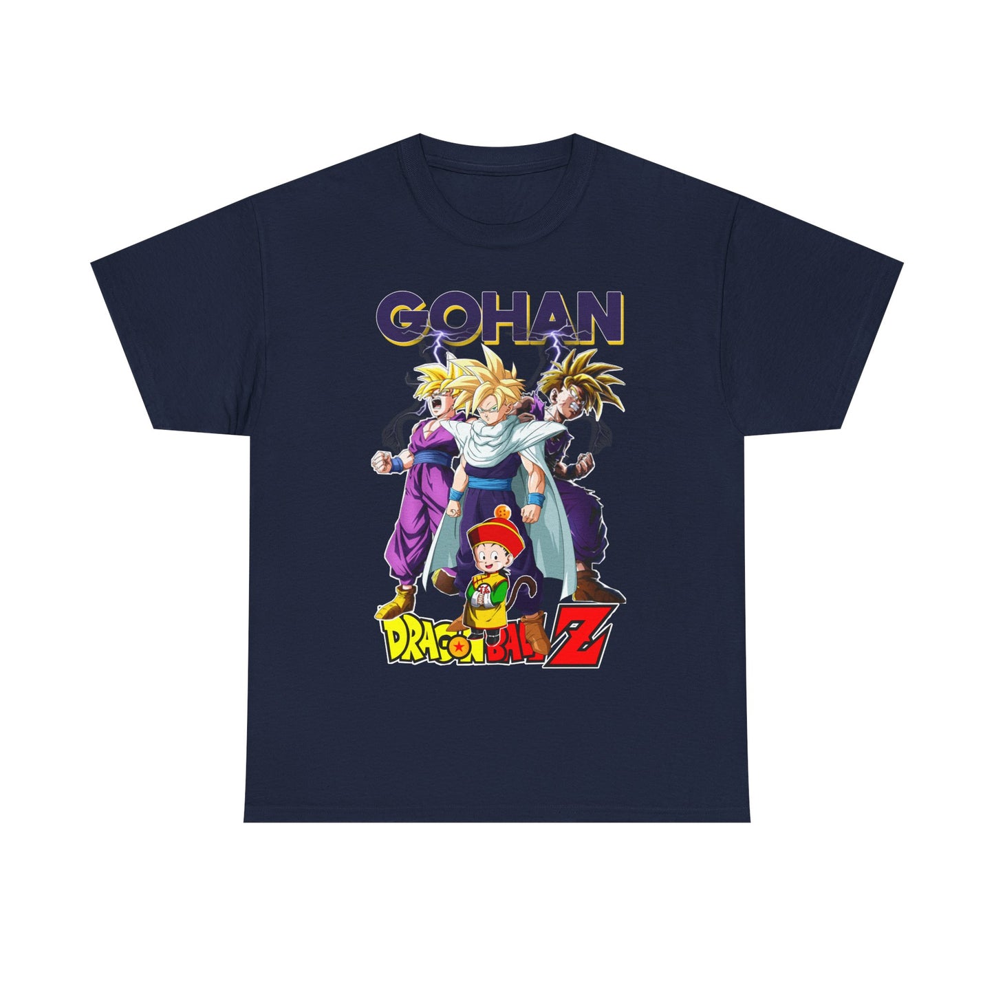 Premium Gohan Ascends T-Shirt in navy, featuring striking illustrations of Gohan and friends from Dragon Ball Z, perfect for anime enthusiasts seeking stylish apparel.