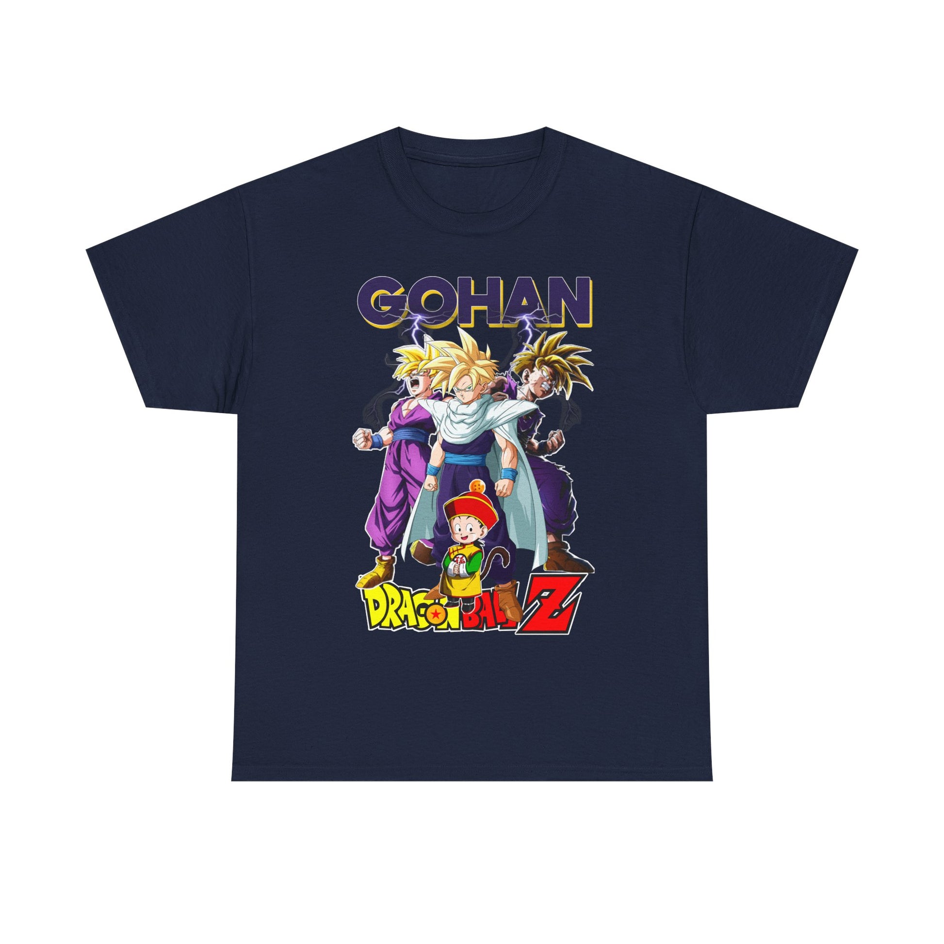 Premium Gohan Ascends T-Shirt in navy, featuring striking illustrations of Gohan and friends from Dragon Ball Z, perfect for anime enthusiasts seeking stylish apparel.