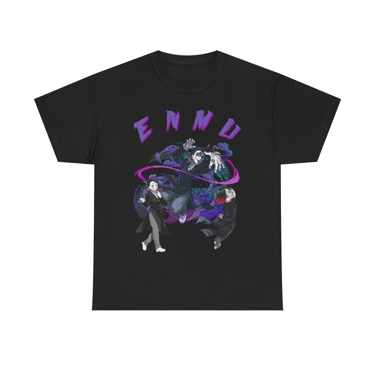 Elegant black Enmu-themed T-shirt showcasing striking anime characters in striking design. Perfect for making a bold fashion statement among anime fans.