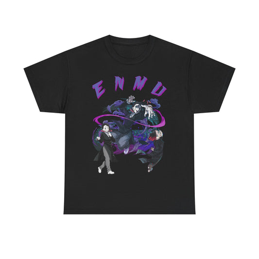 Elegant black Enmu-themed T-shirt showcasing striking anime characters in striking design. Perfect for making a bold fashion statement among anime fans.