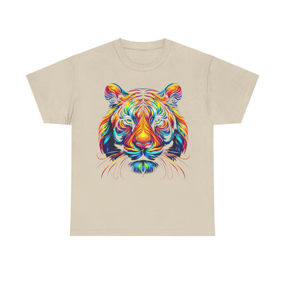 Tiger's Whimsy Graphic Tee featuring an artistic, vibrant illustration of a stylised tiger's head, showcasing a kaleidoscope of multicoloured lines, perfect for fashion enthusiasts seeking an elegant yet playful wardrobe statement.