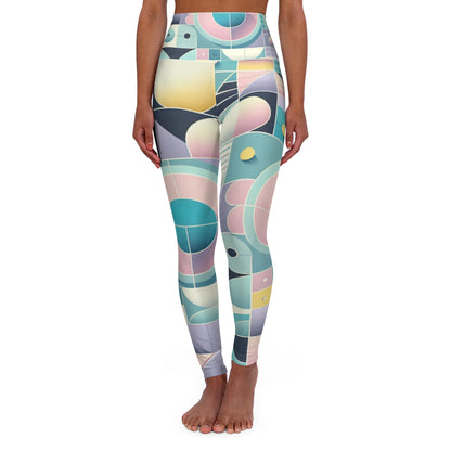 Luxury pastel geometric leggings for women by Dazzling Dreams Studio in light pink, baby blue, and lavender, showcasing a stylish modern design with geometric shapes, perfect for elegant casual wear.