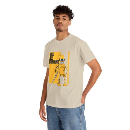Stylish unisex graphic tee featuring Bender from Futurama with the slogan 'KILL ALL HUMANS', set against a bright yellow background, perfect for adding a quirky touch to your wardrobe.