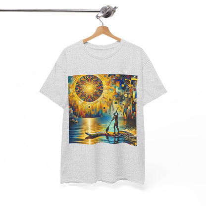 Stylish model showcasing the Delightful Paddle Boarding T-Shirt by Dazzling Dreams Studio against a scenic water backdrop, perfect for water enthusiasts.