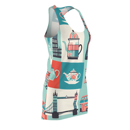 Evelina Belleza London Racerback Dress featuring pastel landmark prints, showcasing iconic style and comfort with designs of red telephone boxes and double-decker buses.