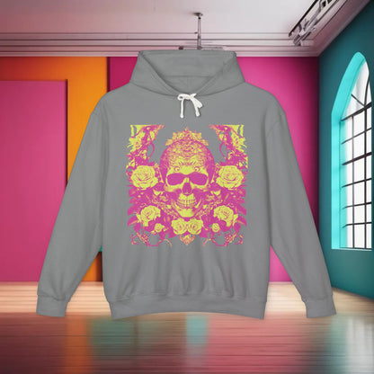 Chic Unisex Lightweight Hooded Sweatshirt in grey, adorned with a unique designer skull and roses design, displayed in a contemporary interior. A fashionable choice for the modern wardrobe.