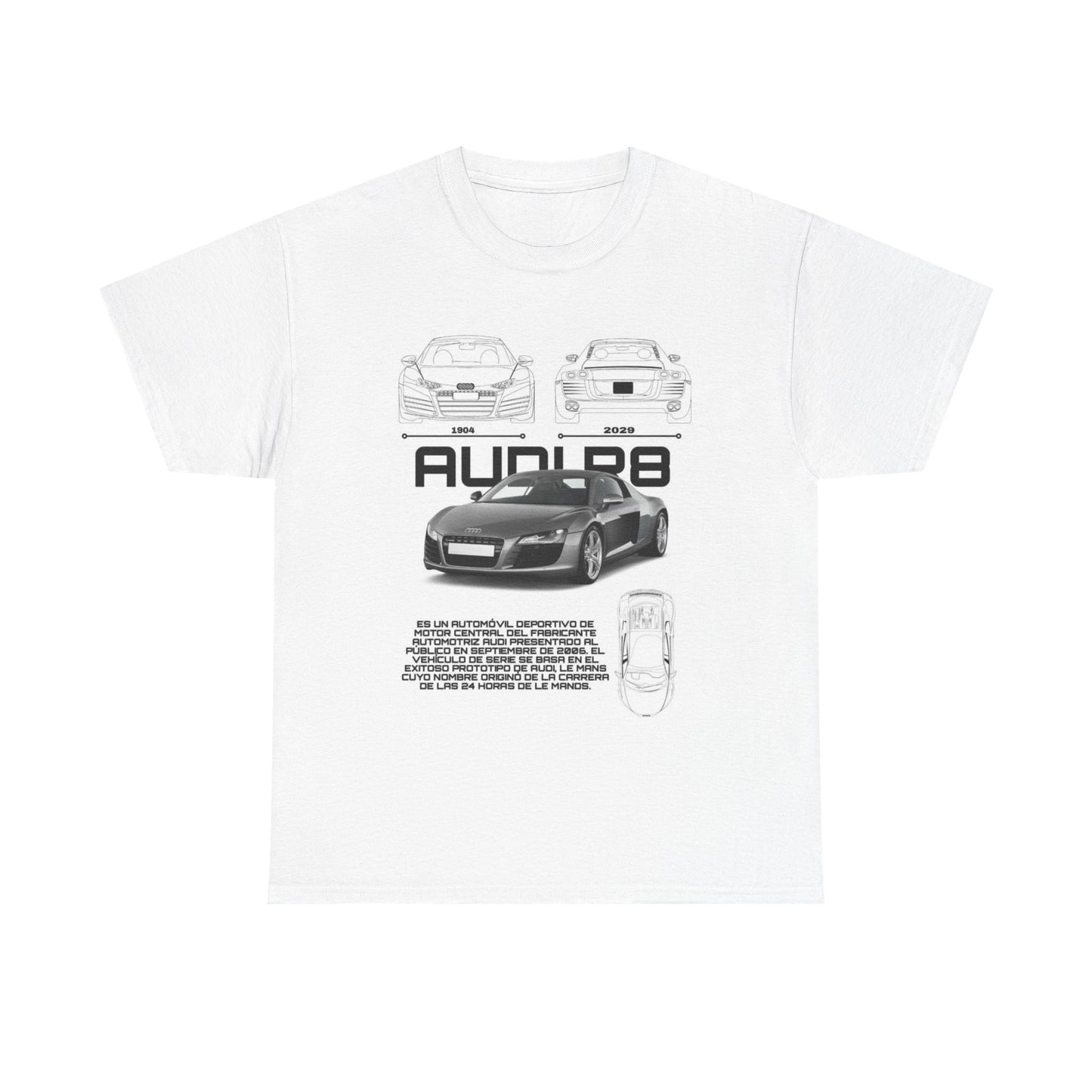 Stunning white t-shirt featuring an artistic blueprint of the Audi R8, showcasing the car's history from 1904 to 2020, with a captivating central graphic and Spanish text detailing its legacy.