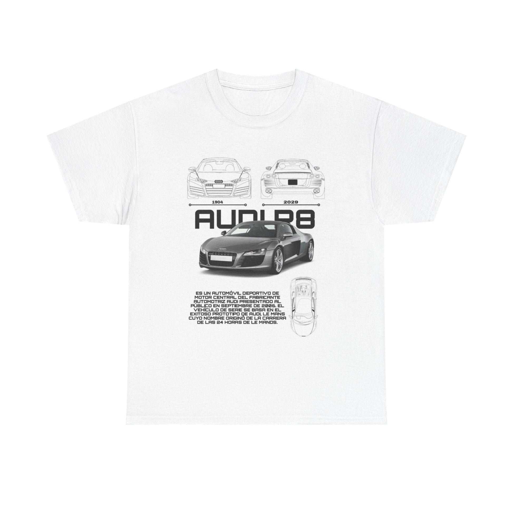 Stunning white t-shirt featuring an artistic blueprint of the Audi R8, showcasing the car's history from 1904 to 2020, with a captivating central graphic and Spanish text detailing its legacy.