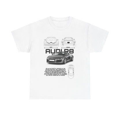 Stunning white t-shirt featuring an artistic blueprint of the Audi R8, showcasing the car's history from 1904 to 2020, with a captivating central graphic and Spanish text detailing its legacy.