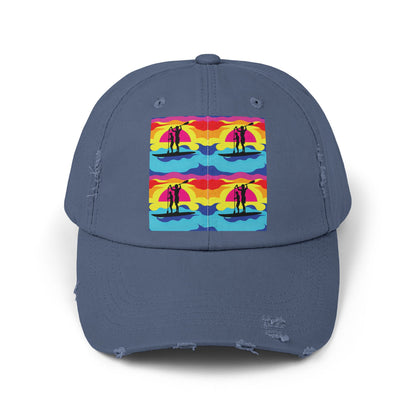 Unisex Distressed Paddleboarders Cap displaying a striking fantasy design of paddleboarding, offering ultimate sun protection for outdoor enthusiasts.