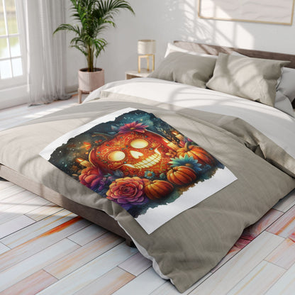 Elegant Decorative and Warm Halloween Spooky Arctic Fleece Blanket elegantly spread over a beautifully made bed, featuring a striking skull motif surrounded by pumpkins and flowers.