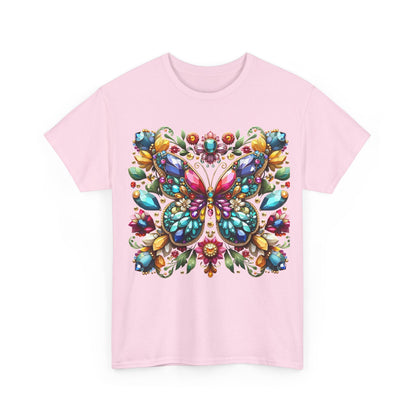 Front view of a stunning pink unisex t-shirt, adorned with the exquisite Enchanting Butterfly Brooch graphic, featuring vibrant colours and intricate details.