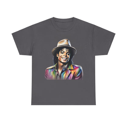 Michael Jackson Portrait Graphic Unisex T-Shirt in charcoal grey – Luxurious Art Tee Celebrating The King Of Pop with a vibrant digital painting of Michael Jackson in a multicoloured striped jacket and a light brown fedora.