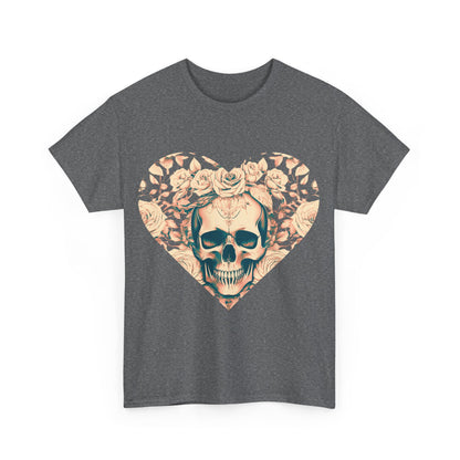 Front view display of the Skulls and Roses Cotton Tee featuring an intricate skull and rose heart design, representing a bold fashion statement.