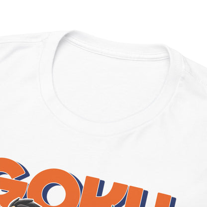 Close-up view of the luxurious GOKU Power Surge T-Shirt collar, showcasing premium fabric quality and striking orange lettering.