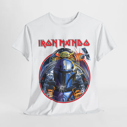Stylish presentation of the Iron Mando Graphic Tee, showcasing intricate artwork and trendy Mandalorian theme.