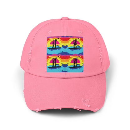 Chic Unisex Distressed Paddleboarders Cap showcasing a vibrant paddleboarding fantasy design, perfect for fashion-forward adventurers seeking sun protection.