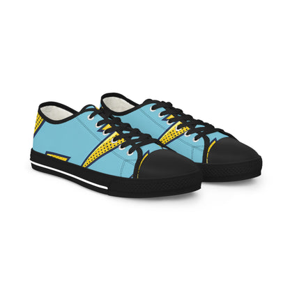 Volt Manchester Men’s Lowtop Sneakers by Dazzling Dreams Studio showcasing a vibrant pop art design with striking yellow lightning bolts on soft blue canvas, perfect for adding a stylish flair to any outfit.