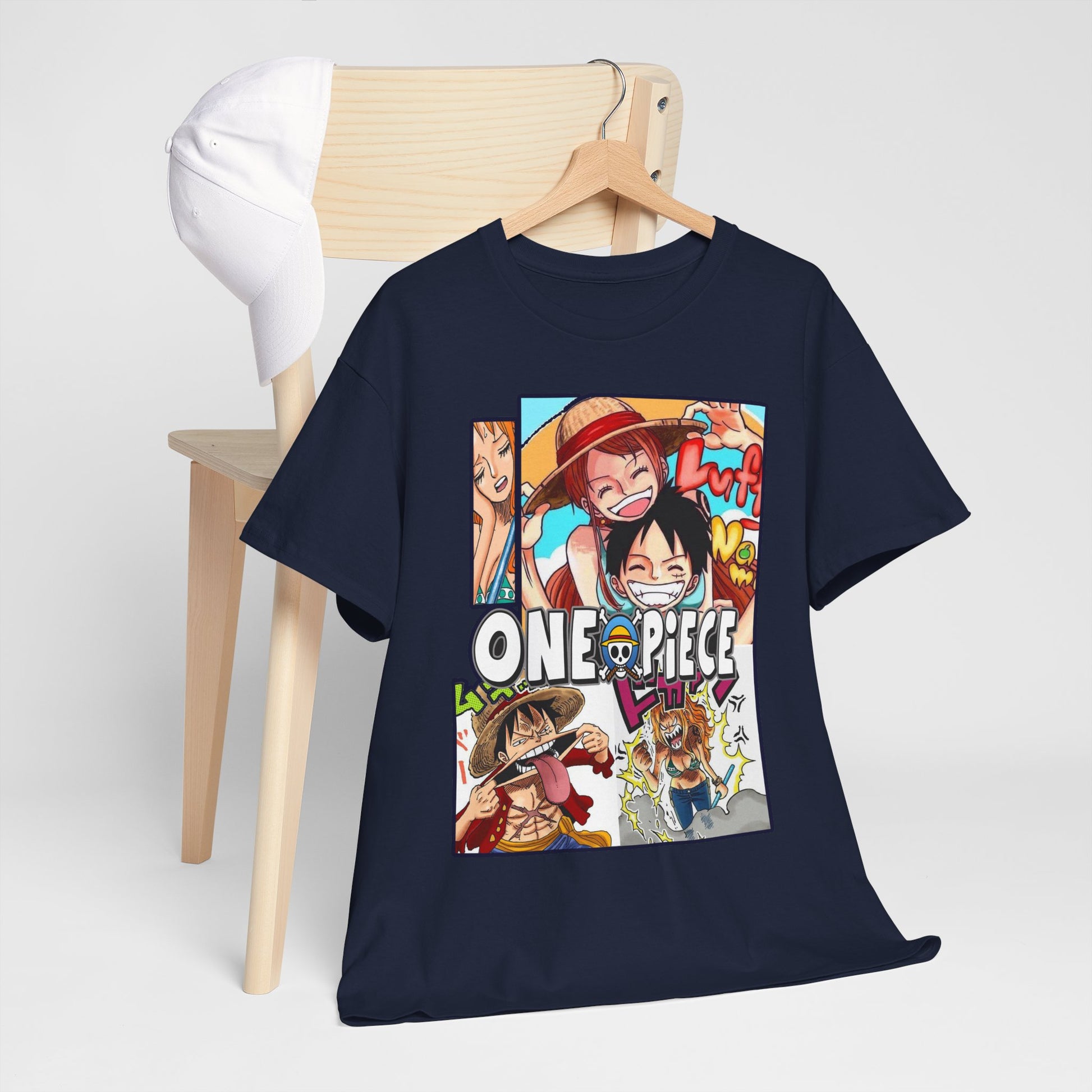 Sophisticated One Piece T-shirt in navy blue, elegantly arranged on a chair with a white cap, showcasing a stunning anime collage of vibrant characters, ideal for fans of luxury anime apparel.