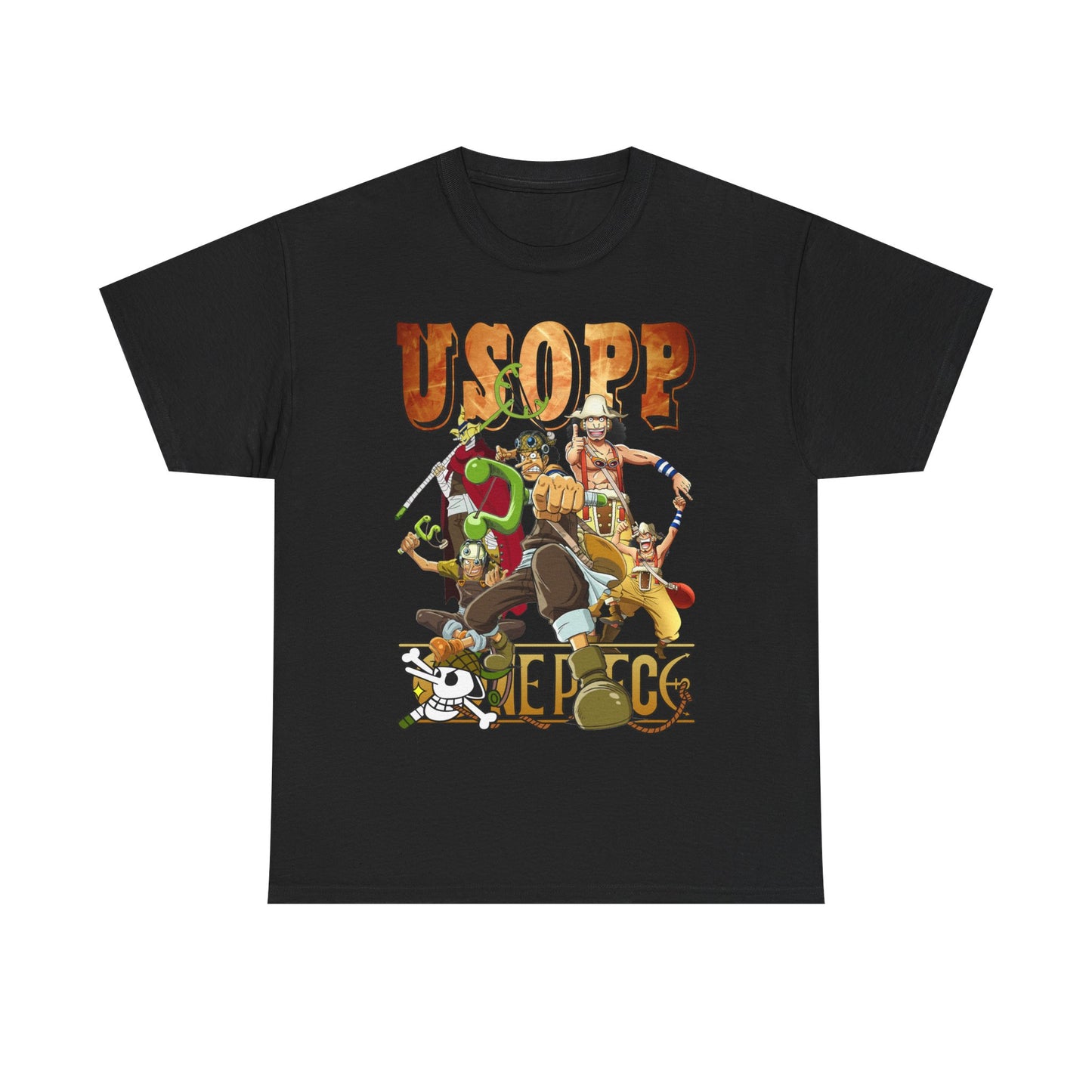 Sophisticated Usopp T-Shirt in classic black, embellished with detailed anime character designs from One Piece, offering a blend of comfort and luxury for anime lovers.