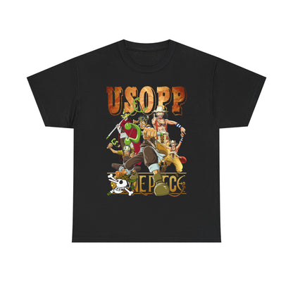 Sophisticated Usopp T-Shirt in classic black, embellished with detailed anime character designs from One Piece, offering a blend of comfort and luxury for anime lovers.