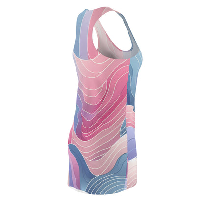 Elegant view of the Serena Valentina Contemporary Racerback Dress, featuring a seamless blend of pastel colours in an abstract art pattern, perfect for embracing stylish comfort and feminine charm.