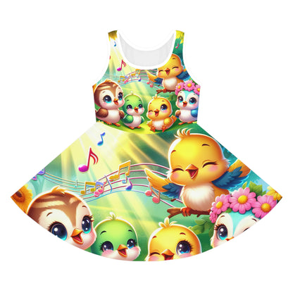 Arabella Dior Girls Vibrant Summer Sundress featuring playful cartoon birds and dancing music notes, creating a joyful and luxurious summer look.