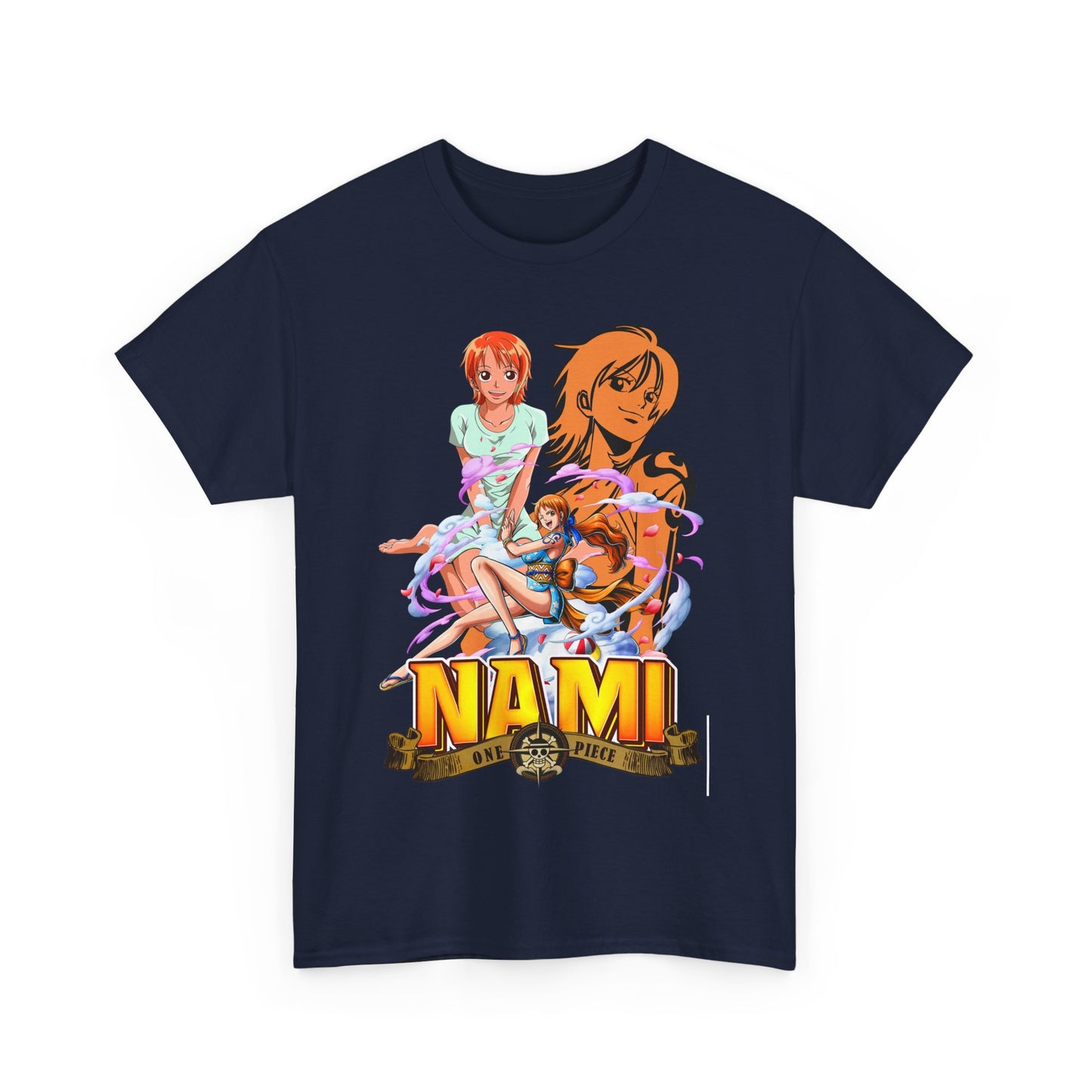 Vibrant navy blue men's t-shirt adorned with stunning anime art of Nami from One Piece, capturing dynamic character illustrations and bold lettering.