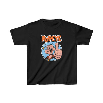 Unisex Kids Popeye Cotton T-Shirt Tee featuring a charming graphic of Popeye giving a thumbs up, perfect for stylish youth fashion. This luxurious cotton tee embodies a blend of nostalgia and contemporary design.
