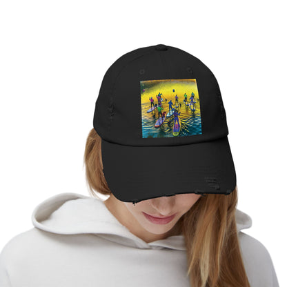Stylish lady wearing the Unisex Distressed Paddleboarders Cap featuring a vibrant fantasy scene, perfect for outdoor escapades.