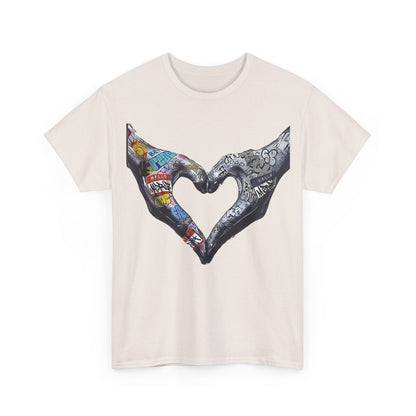 Elegant front view of the Love Graffiti Hands Tee, featuring an artistic graphic design of intertwined hands in a heart shape.