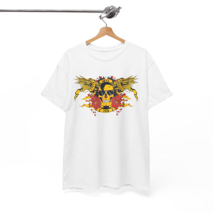 Elegant white t-shirt displayed on a wooden hanger, adorned with a striking yellow skull graphic and wings, complemented by floral motifs and vintage 1978 inscription.