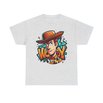 Woody Graffiti Style Unisex Graphic Tee - Dynamic Woody design in vibrant graffiti art on a grey tee, perfect for nostalgic fashion.