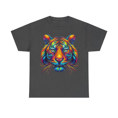 Tiger's Whimsy Graphic Tee - Unisex Artistic Shirt with a vivid multicoloured stylised tiger head design set against a dark heather background.