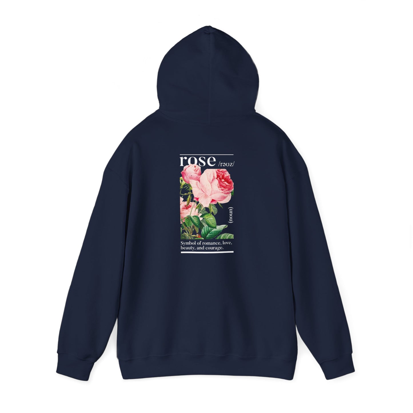 Luxurious navy hoodie featuring a stunning back design of vibrant botanical roses, symbolising romance and beauty, perfect for stylish relaxation.
