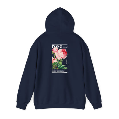 Luxurious navy hoodie featuring a stunning back design of vibrant botanical roses, symbolising romance and beauty, perfect for stylish relaxation.