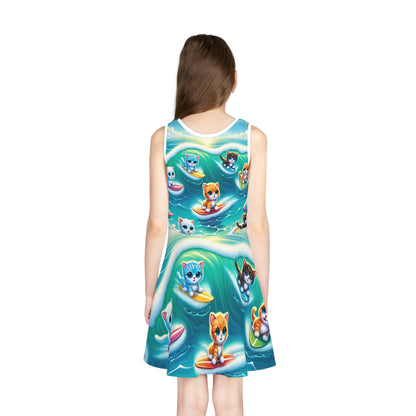 Vibrant summer sundress with adorable surfing kittens by Lily Hemsworth, designed by Dazzling Dreams Studio for happy young girls.