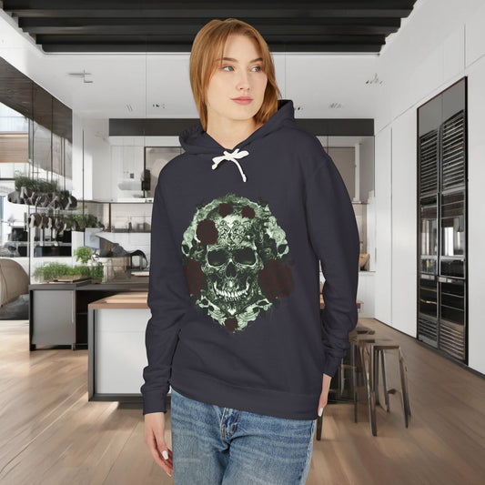 Unisex Lightweight Hooded Sweatshirt featuring a unique designer skull and roses motif, modelled in a stylish interior setting.