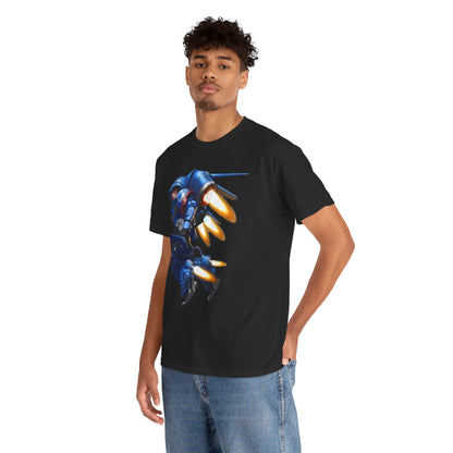 Model showcasing a contemporary black graphic t-shirt with a striking blue mecha illustration and fiery accents, embodying modern urban fashion.