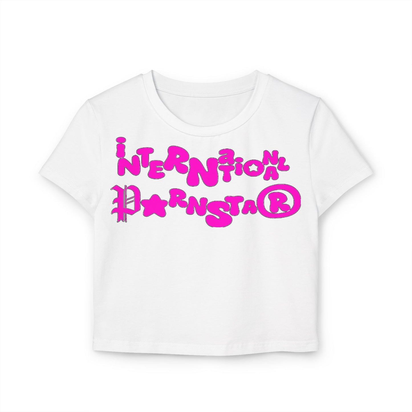Playful international star graphic women's crop t-shirt in white featuring bold pink typography, stylishly designed for comfort and fashion.