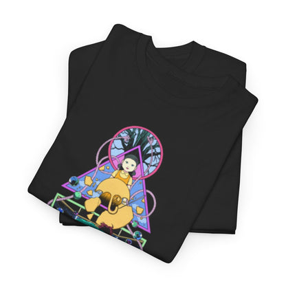 Luxurious black graphic t-shirt featuring a vibrant design from Squid Game, showcasing a character in striking colours, ideal for fashion-forward enthusiasts who appreciate unique apparel.