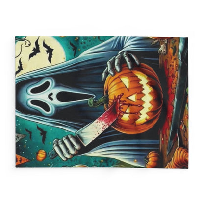 Exclusive Decorative and Warm Halloween Spooky Scream Arctic Fleece Blanket featuring a ghostly character with a bloody knife above a jack-o'-lantern, a sophisticated addition to festive decor.