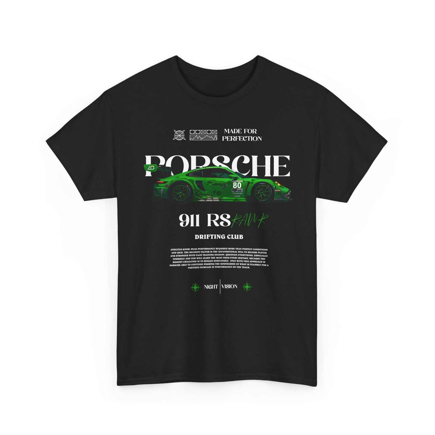 Exquisite black Porsche 911 RS men's t-shirt adorned with a vivid graphic of the iconic sports car and bold lettering, exuding sophistication for car lovers.