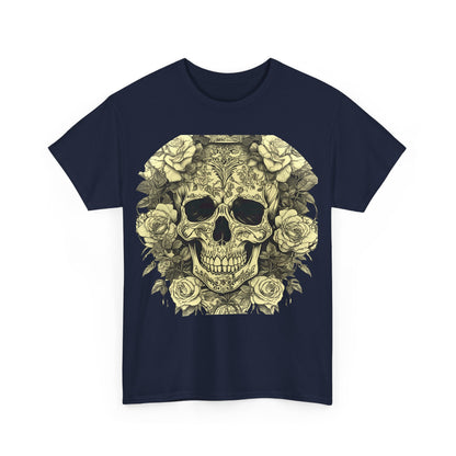 Close-up of the front design of the Skulls and Roses Cotton Tee, highlighting the intricate skull and rose graphic for a bold statement.