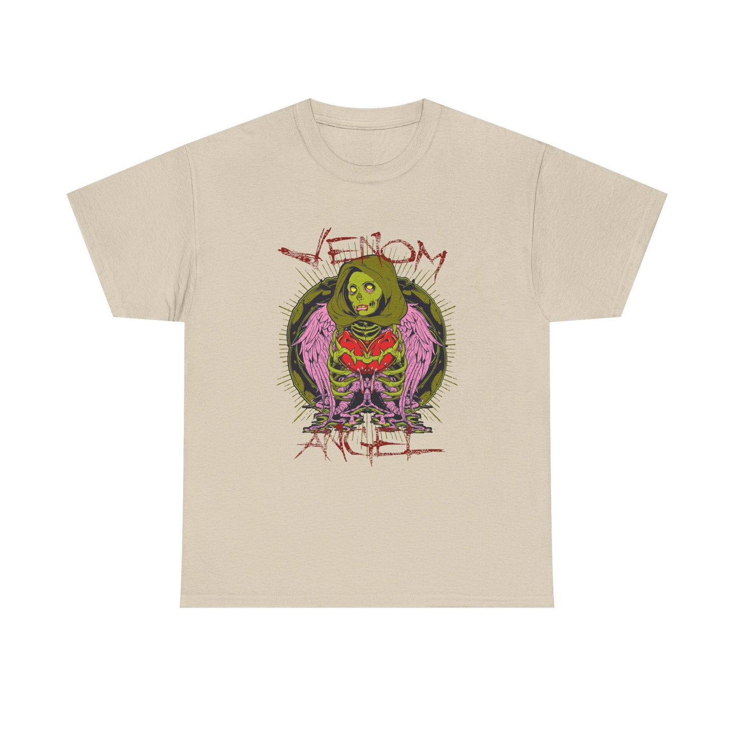 Chic beige men's t-shirt displaying the alluring 'Venom Angel' artwork, highlighting a dynamic green figure in a hood with vibrant pink wings, symbolising edgy luxury.